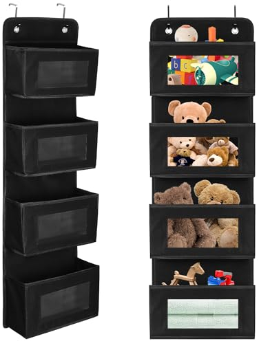 LEAZZLE Hängeregal an die Tür, Soft Fabric Hängeorganizer mit 4 Große Taschen mit klarem Fenster und 2 Metallhaken, Hängeaufbewahrung für Schlafzimmer, Büro, Kinderzimmer, Schwarz