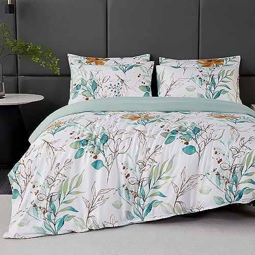 Set Housse de Couette Floral avec Motif à Feuilles d'Eucalyptus Vertes 140x200 cm 1 Personne et 1 x Taie d'oreiller 65x65 cm Parure de Lit Moderne Adulte avec Fermeture Eclair, Vert Blanc