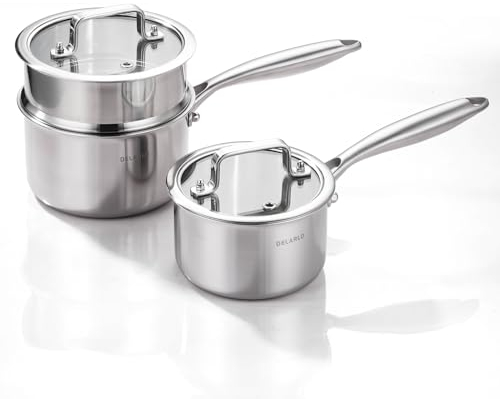 DELARLO Sauce Pan Sets, Compatible with All Cooktops 600℉, Full Clad Triply Stainless Steel Saucepan, 1QT Pot & 2 QT Pot with Steamer (Lids 300℉)