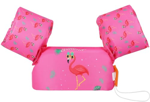 MoKo Manguitos Flotadores de Natación, Chaleco Sin Inflación para Natación con Patrón Lindo, Dispositivo de Entrenamiento para Niños en Piscina Playa Parque Acuático, Magenta & Flamenco