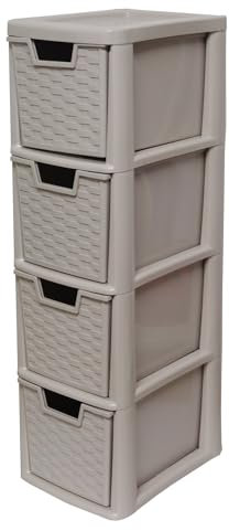 SIDSONS Small Rattan Effect |4 Drawer Storage Tower Unit| A5 Size Desktop Tabletop Office Home School Organizer For Stationary Cosmetic Jewellery - Mushroom Colour - 62cm (H) x 25cm (D) x 19cm (W)