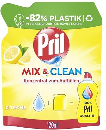 PRIL Mix & Clean Zitrus Konzentrat zum Auffüllen (120 ml), Handgeschirrspülmittel mit höchster Fettlösekraft, für sauberes Geschirr auch in kaltem Wasser, 82% weniger Plastik