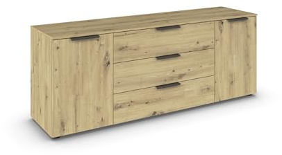 Rauch Möbel Flipp, Kommode, Farbe Eiche Artisan, Breite 160 cm | Sideboard, 2-türig, 3 Schubladen, Soft-Close-Funktion, für Schlafzimmer, Gästezimmer, Wohnzimmer, Garderobe, Flur