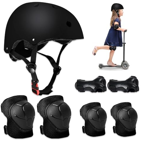 Riisoyu Conjuntos de Patinajes, Niños Protecciones Patines Infantiles Set de Protección Patinaje con Casco Ajustables Rodilleras y Coderas para Ciclismo Monopatín Patinaje y Otros Deportes, Negro