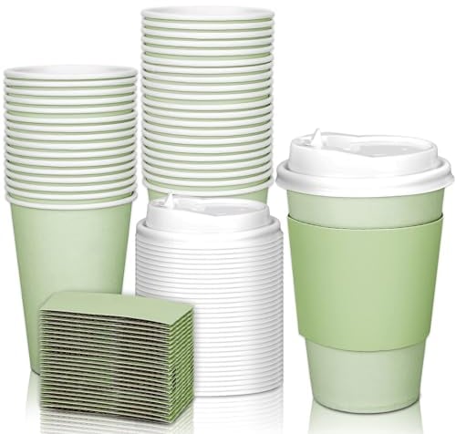 JarThenaAMCS 50Pcs Easter Mallard Duck Sage Green Disposable Coffee Cups with Lids and Sleeves 12oz Insulated To Go Paper Cups for Home Restaurant Travel Business Party Supplies