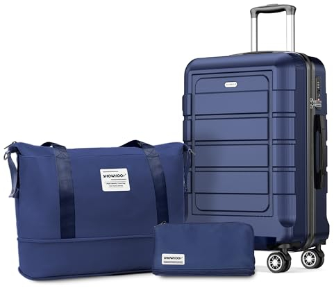 SHOWKOO Koffer Klein Hartschale Leicht ABS+PC Reisekoffer Kabinen Haltbar Handgepäck Sets 4 Rollen TSA-Schloss mit 1 Reisetasche und 1 Kulturtasche, M -Blau