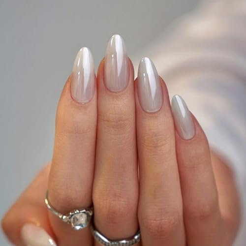 24 Stück Press on Nails Kurz, Oval Eisklares Weiß mit Spiegeleffekt Versilbertes Design Natürlich Nägel Zum Aufkleben, Fingernägel zum Aufkleben Acryl Fake Nails Full Cover (White transparent, 24x)