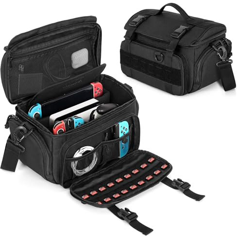 PGmoon Tragetasche Kompatible mit Nintendo Switch/ASUS ROG Ally, Schützende Taktische Tasche mit 18 Spielkartenfächern und Multi-Taschen für Docking Station, AC Adapter, Controller