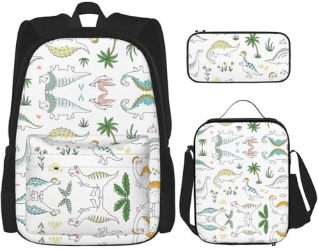 LimPac Juego de mochila con estampado de dinosaurios, lonchera y estuche para lápices para viajes casuales universitarios, Negro -, Talla única