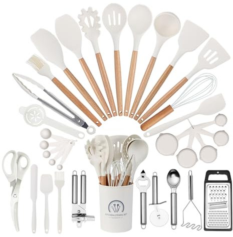 TQGXC 34 Ensemble Ustensiles De Cuisine Silicone Set Ustensile Cuisine en Silicone Et Manche Bois Résistants À Chaleur Et Antiadhésifs Cuisine Accessoires pour Tous Batteries De Cuisine, Beige White