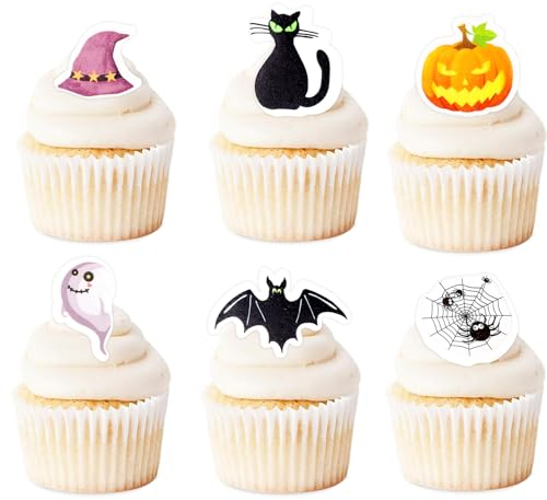 ALEGRE Essbare Halloween Cupcake Topper,48 Stück Halloween Tortendeko,EssbareHalloween Deko für Torte 6 Stile,Geist Kuchen Deko Essbar,Fledermaus Muffin Deko Essbar