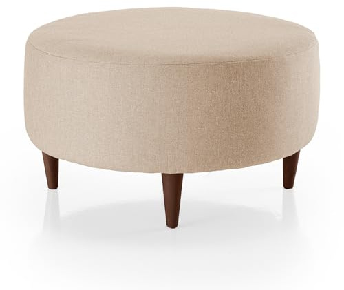 Deshome Sitzhocker rund 80 cm Stoff Wasserabweisend: Pouf Sofa Wohnzimmer Schlafzimmer Sitzsack Wohnzimmer Gea Beige Fuß Nussbaum dunkel