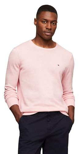 Tommy Hilfiger Cotton Solid Crewneck Sweater Lightweight Pullover, Also Available in Big & Tall Pull à Enfiler, Nuance Rose chiné, XXL Homme