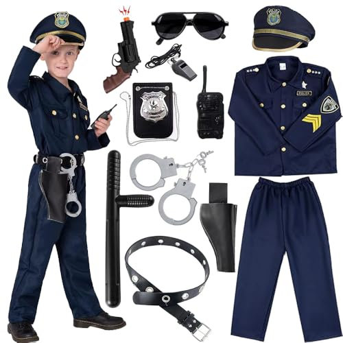 Dhqkqg Polizei Kostüm Kinder, Polizei Kostüm für Kinder mit Polizei Ausrüstung Polizei Hemd Hosen Polizeimütze Handschellen Polizeiabzeichen Gürtel Sonnenbrille Walkie Talkie, für Karneval Cosplay