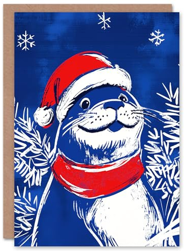 Artery8 Cute Seal Santa Hat Scarf White Blue For Child Kids Xmas Festive Christmas Card