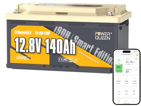 Power Queen 12V 140Ah H190 Batería LiFePO4 Bluetooth,Litio Autocaravana | BMS de 150A,Protección de Baja Temperatura,1792Wh Energía,IP65,Max.4P4S Ideal para Marina,Energía Solar o Fuera de la Red