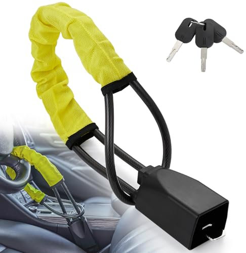 Warmiehomy Steering Wheel Lock Seat Belt Lock, Heavy Steering Lock for Car, Strong Car Lock Anti-Theft Device, Universal Car Steering Lock, Adjustable Length Lock for Car with 3 Keys, Yellow