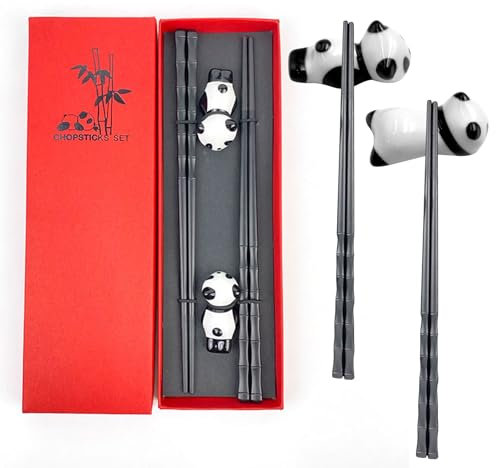 AIYONG Palillos Chinos Reutilizables, Set de 2 Pares de Palillos con Soporte de Cerámica en Forma de Panda, Palillos Antideslizante, Juego de Regalo Chino Palillos, para Sushi, Noodles