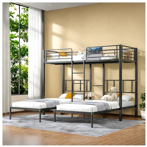 Seyakany Lit superposé 3 Places, avec échelle, Garde-Corps et Petite Table, lit superposé Enfant, 3 Lits Taille 90x200, Convient aux Adolescents et aux Enfants, matériau métallique, Noir