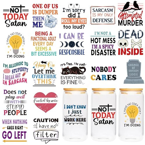 Funny UV DTF Cup Wraps Stickers - 20 Sheets Humorous Quotes Design, Fun Rub On Transfers for 16oz Glass, Creative Gift Idea for DIY Enthusiasts