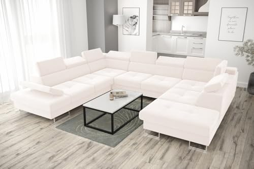 Friderik Ecksofa Galaxy MAX I Ecksofa mit Schlaffunktion, 280x350x225 cm, Stoff Gemma, Bettkasten, verstellbaren Kopfstützen & Armlehne (Creme, Links)