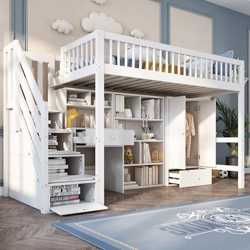 RIAZOS Kids Loft Study Bed with Desk & Stairs - Children's Single Bed Frame with Storage (UK 90x190cm), Solid Wood & MDF Construction, Built-in Wardrobe & Lockers, For Boys Girls, No Mattress, White