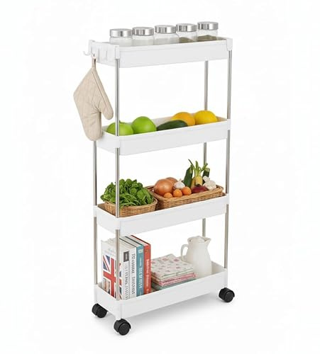 CELINO making your day 4-Tier Storage Trolley Cart Slide-out Slim Rolling Utility Cart Mobile Storage Shelving Organizer for Kitchen, Bathroom, Laundry Room, Bedroom, Narrow Places, Plastic, White