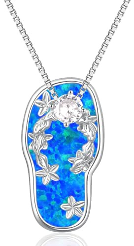 AENEAS Hawaiian Flip Flop Slipper Sandal Halskette für Damen 925 Sterling Silber Blauer Opal Anhänger Halskette mit Cubic Zirkonia Plumeria Blumen Schmuck Geschenke für Frauen.