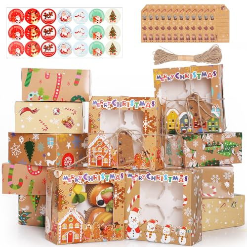 12pcs Christmas Cup Cake Boxes, GeeRic 16 * 16 * 7.5cm Gift Boxes with Window+Rope+Gift Tag Gift Box Baking Packaging Christmas Tree Santa Claus DIY Snack Candy Cookies Food Box for Xmas Party Bakery