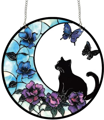 CREATCABIN Attrape Soleil en Forme de Chat Décoration Murale en Verre Acrylique Teinté Panneau Rond 25x25cm avec Crochets en Métal Motif Fleur et Papillon pour la Maison Le Jardin Halloween Noël