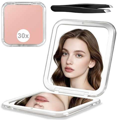 Specchio Ingranditore 30X,Doppio Lato Specchio Ingranditore Portatile da Borsetta 8.5x8.5cm Pieghevole Piccolo Specchio con Pinzette per Trucco Portafoglio, Viaggio e Uso Quotidiano
