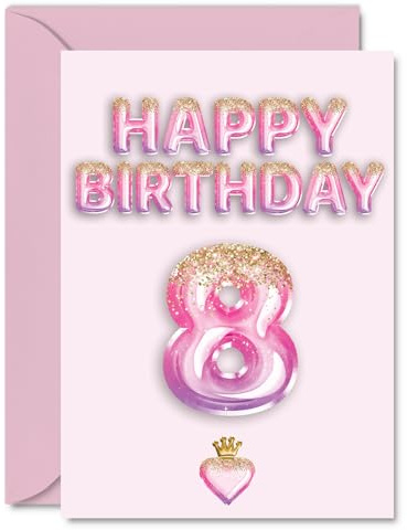8th Birthday Cards for Girls and Boys, Pink & Purple Glitter Balloons | Happy Birthday Card for 8 Year Old Boy Girl Daughter Nephew Cousin Grandson, A5 Bday Greeting Cards