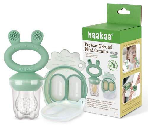 Haakaa Freeze-N-Feed Mini Combo with Silicone Food Feeder & Silicone Mini Nibble Tray|Baby Solid Food Self Feeder|Breastmilk Popsicle Mold Storage & Feeder for Soothing Baby Gums 1 PK (Pea Green)