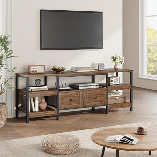 Niwugady TV-Schrank, Industrial Möbel Lowboard für Fernseher bis zu 85 Zoll, 200 cm Lang, Fernsehtisch mit 2 Schubladen, 5 Offenen Fächern, 200 x 40 x 65cm, Wohnzimmer, Stahlgestell, Vintagebraun