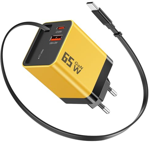 YKEJCLD GaN - Caricatore USB C da 65 W con cavo di ricarica retrattile (0,7 m), caricatore rapido a 3 porte, compatibile con MacBook Pro/Air, iPhone 17 Pro/Air/16/15, iPad, Galaxy S25/S24, Steam Deck
