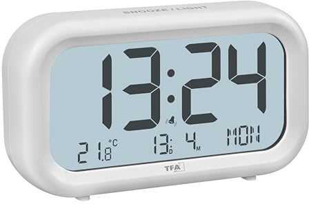 TFA Dostmann Nocta Wecker digital, 60.2052.02, LCD Display mit großer Zeitanzeige, Schlummerfunktion, Raumtemperatur, Wochentagsanzeige inkl Datum, lauter Alarm, weiß
