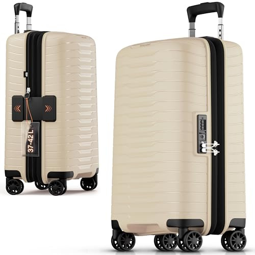Stratic NOVIUM Hartschalenkoffer – Trolley mit 4 Rollen, TSA-Zahlenschloss, erweiterbar, aus Polypropylen, Innenfutter aus recyceltem PET, ohne Fronttasche,Größe S, Sand