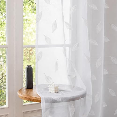 CYCMACO 2er Set Sheer Voile Vorhänge Mit Ösen, 140x225cm (B X H), Transparent Vorhang Voile Mit Ösen, Modern Blätter Stickerei Gardinen, Rfür Wohnzimmer Schlafzimmer Kinderzimmer, Weiß
