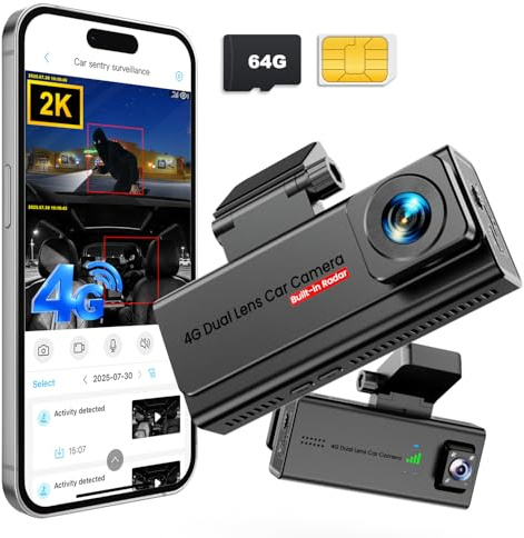 4G LTE Dash Cam with SIM Card, 24/7 Car Security Camera Front & Inside | Remote Live View & Two-Way Audio, AI Motion Detection Alert, 170° Wide Angle, GPS, Night Vision, 24h Parking Mode, SD/Cloud