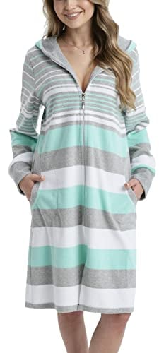 Aquarti Damen Frottee Bademantel Morgenmantel Gestreift mit Kapuze, Farbe: Mint, Größe: XL