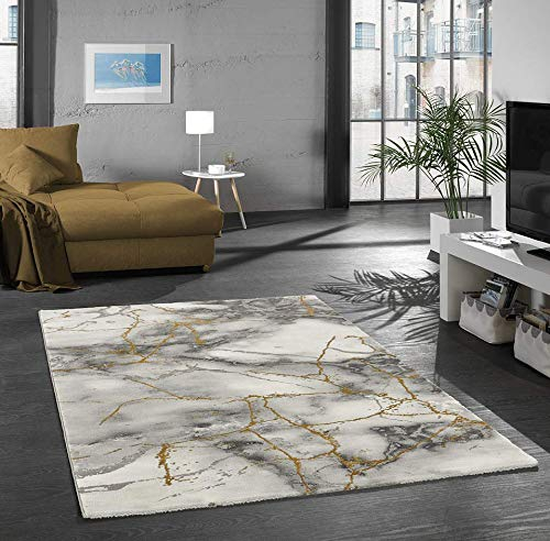 Merinos Teppich Wohnzimmer Design Teppich Marmor Optik mit Glanzfasern in Grau Gold Größe 160x230 cm