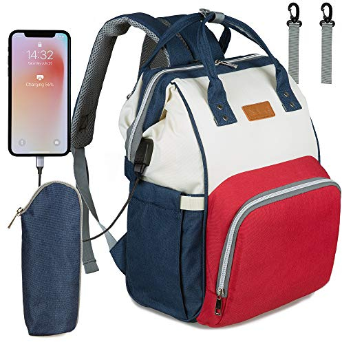 NEVEQ Baby Wickelrucksack, Babytasche für Reise, Wickeltasche Große Kapazität, Multifach Reise Rucksack Wasserdicht Fächer Babyflaschehälter (Rot, Blau und Weiß)