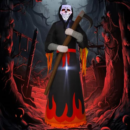 GOOSH 8 FT Halloween Inflatables Giant Outdoor Decorations Blow Up Yard Scary Red Eye Grim Reaper Holding Sickle with Built-in LEDs for Garden Lawn Indoor Party Decor