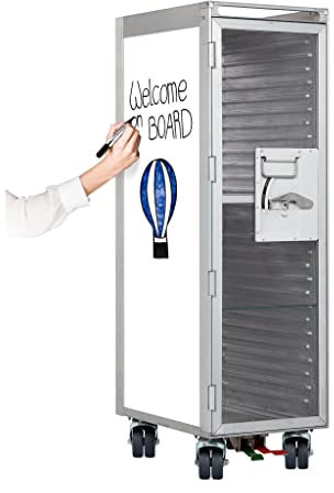 Bartrolley Whiteboard (neue Rollen) inkl. LED Fachboden, Barbrett & Fachboden aus Glas, Gebrauchter Trolley aus der Luftfahrt - Top restauriert, Flugzeugtrolley Bar, Whiteboard-Dekor zum Beschriften