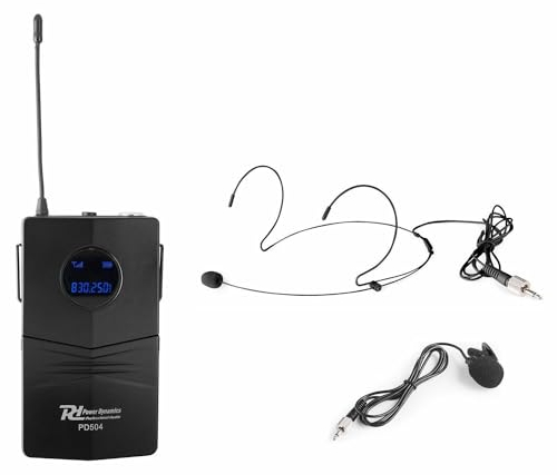 Power Dynamics PD504BP Petaca Transmisora para Micrófonos Inalámbricos de Serie PD504, con Microfono Solapa Color Negro y Micrófono de Diadema Color Beige Incluidos, Petaca para Micro Inalambrico
