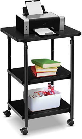 GOPLUS Druckertisch mit Räder, Rollcontainer mit 3 Ablagen, Rollwagen mit Höhenverstellbarem Regal, Drucker Ständer für Schreibtisch, aus Metall, Multifunktionswagen für Büro (Schwarz)