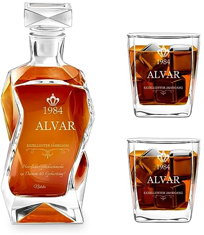 Maverton Whiskey Karaffe + 2/4 / 6er Whiskygläser Set mit Gravur - 700ml Whisky Dekanter - Geschenk zum Geburtstag für Männer - Guter Jahrgang