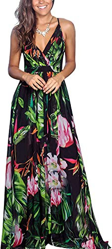 BUOYDM Vestiti Donna Estivi Lunghi Casual Eleganti Abiti Donna Scollo a V Senza Maniche Vestito Boho Fiore Stampato Maxi Lunga Sexy Vacanze Spiaggia… Nero 2 L