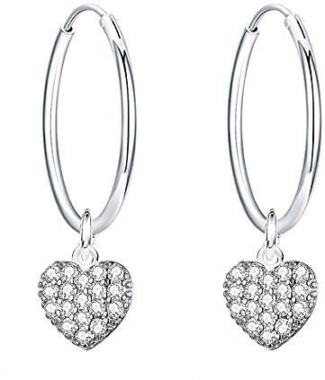 Epoch World Ohrringe aus Sterling-Silber 925, kleine Creolen, Herz, Ohrhnger fr Damen und Mdchen, Durchmesser 14 mm