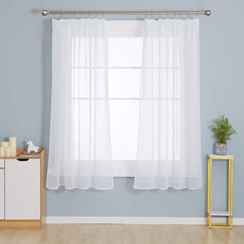 Deconovo Gardinen mit Kräuselband Wohnzimmer Stores Schal Transparent Vorhänge für Schiene Schlafzimmer Leinenoptik, 138x140 cm(HöhexBreite), Weiß, 2er Set